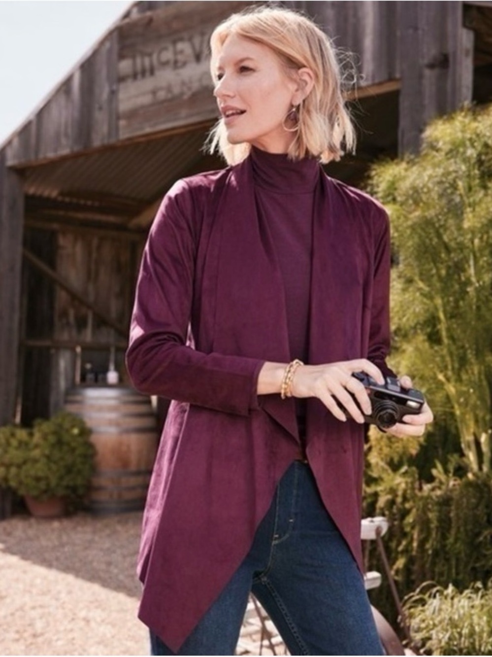 Soft Surroundings Shape Drape Faux Suede Jacket Purple Wine
